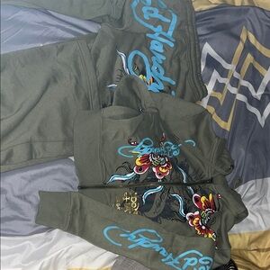 Ed Hardy Olive Set with Blue and Multicolor Graphics